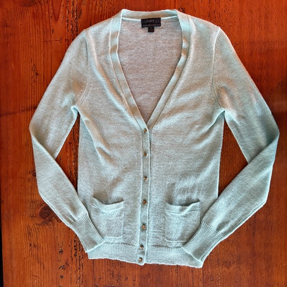 J Crew Blue Cardigan Sweater Jeweled Buttons, Pockets Size Small Italian Alpaca - Picture 2 of 10